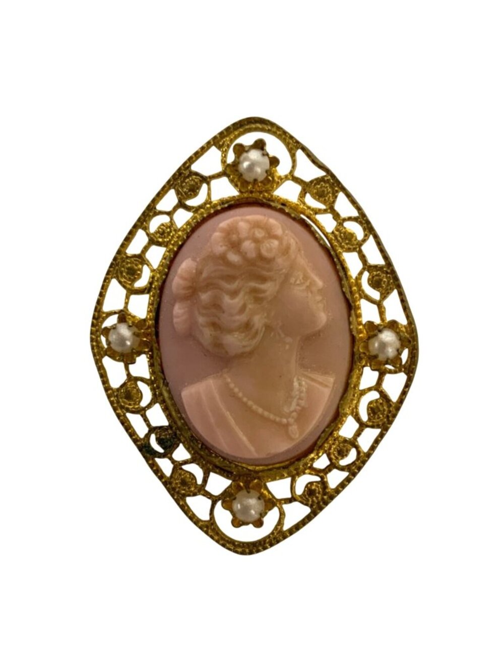 Antique Pink Molded Cameo Brooch Faux Seed Pearl Gilt Brass Pin Edwardian Era Je